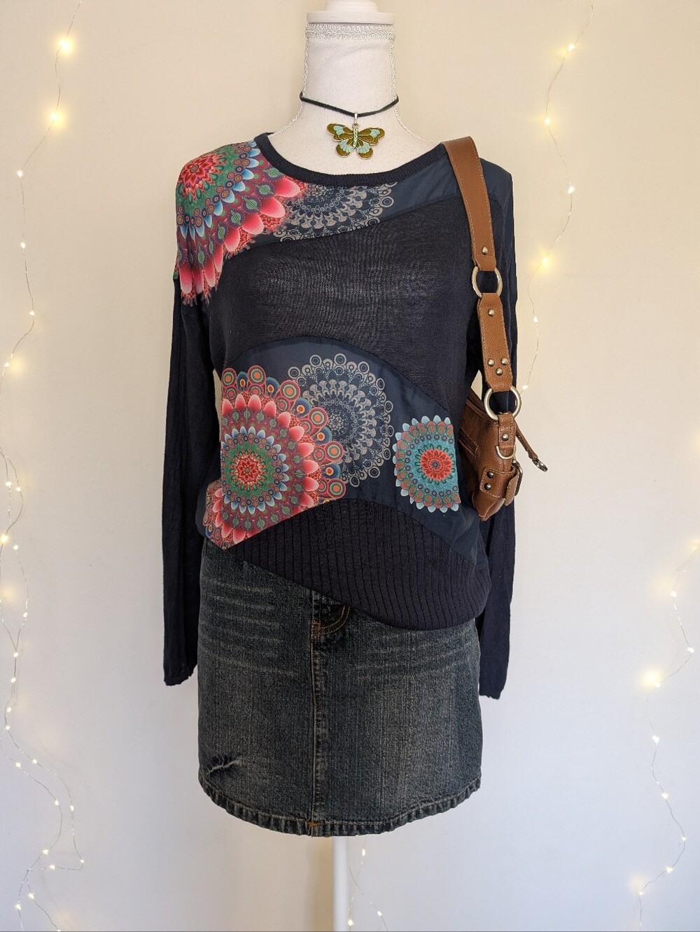 Desigual Navy Long-Sleeve Top with Multicolor Mandala Prints